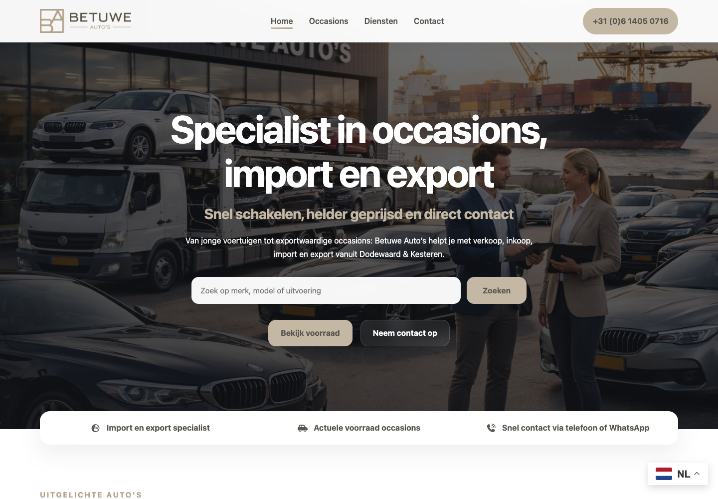 Homepage van Betuwe Auto’s met occasionzoekfunctie