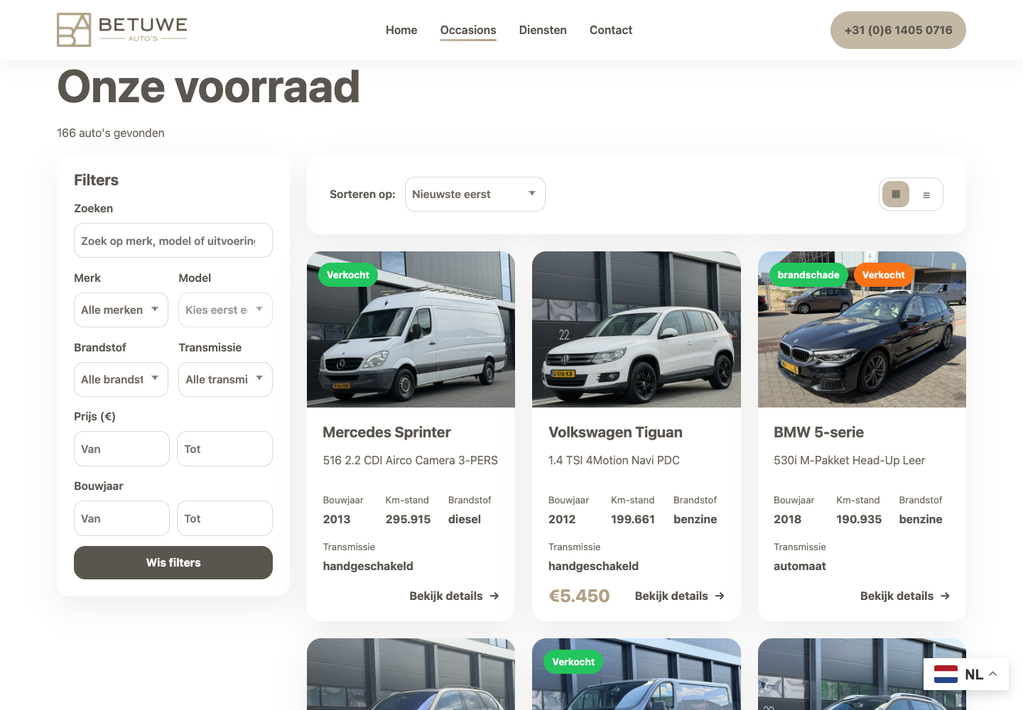 Occasionoverzicht op de website van Betuwe Auto’s