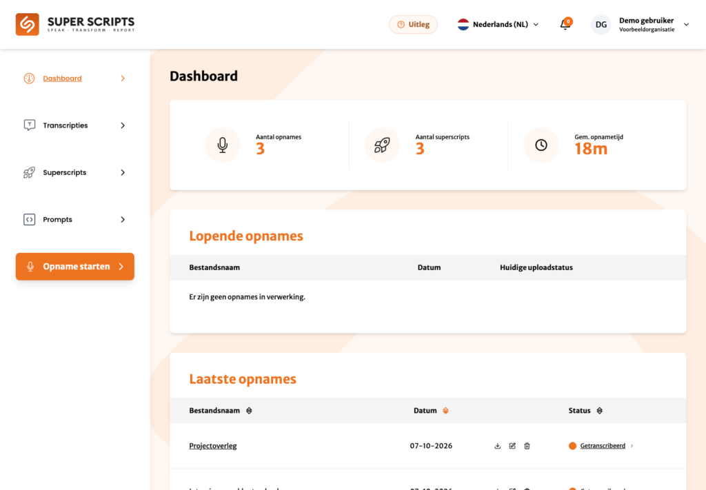 Dashboard van de SuperScripts webapp met voorbeeldopnamen