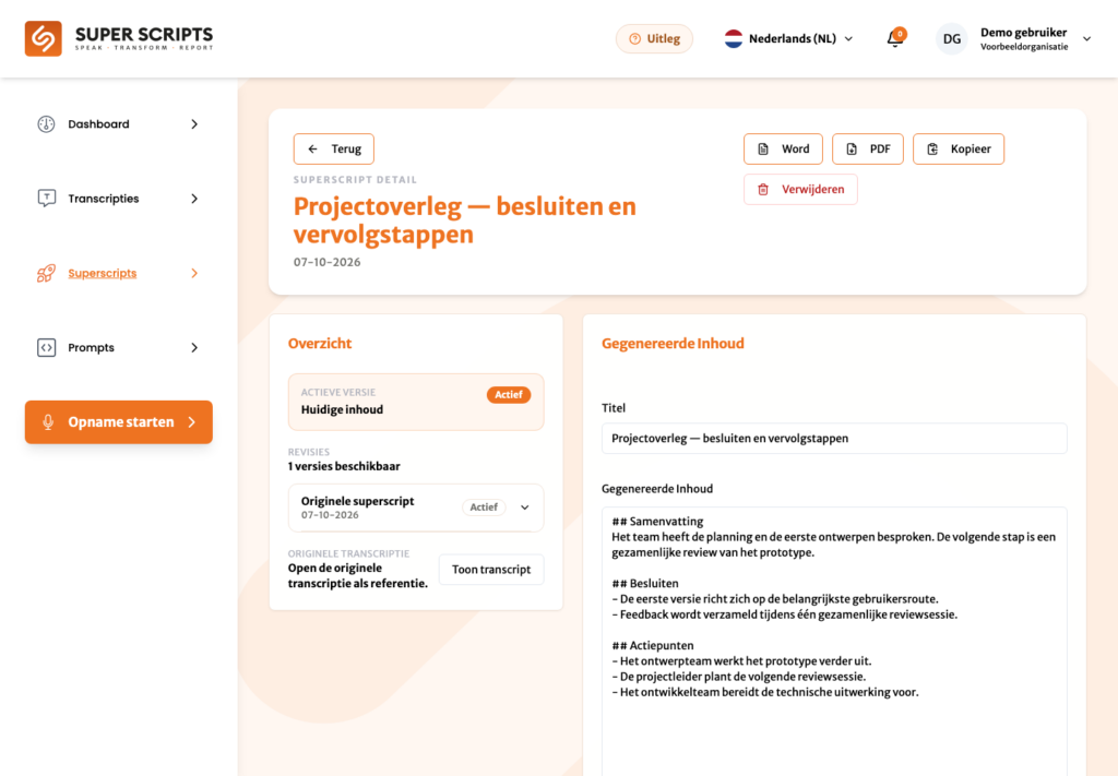 SuperScripts verslag met versieoverzicht en export naar Word en PDF, met voorbeeldgegevens